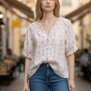 Easy Clothes ECRU S/M Carine Embroidered Floral Button Down Blouse Boho Preppy